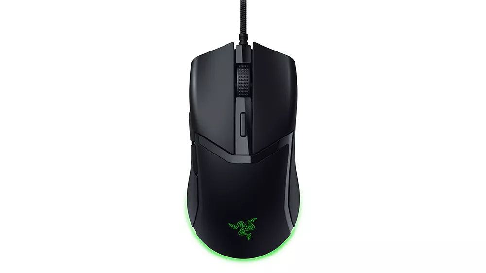 Herná myš Razer Cobra RZ01-04650100-R3M1 RGB na bielom pozadí zobrazujúca elegantný symetrický dizajn s RGB podsvietením