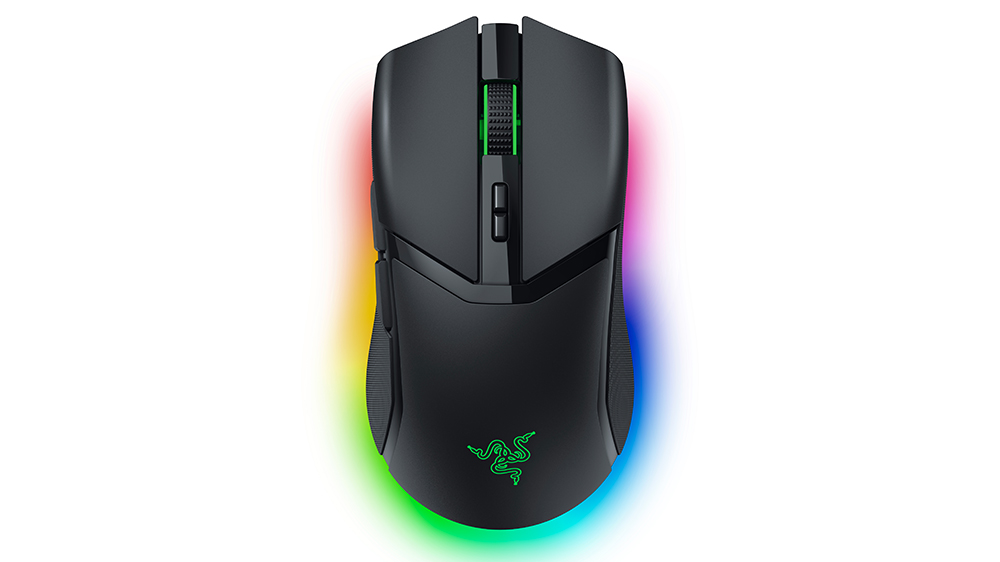 Herní myš Razer Cobra Pro Black na bílém pozadí zachycující elegantní černý design a ergonomický tvar