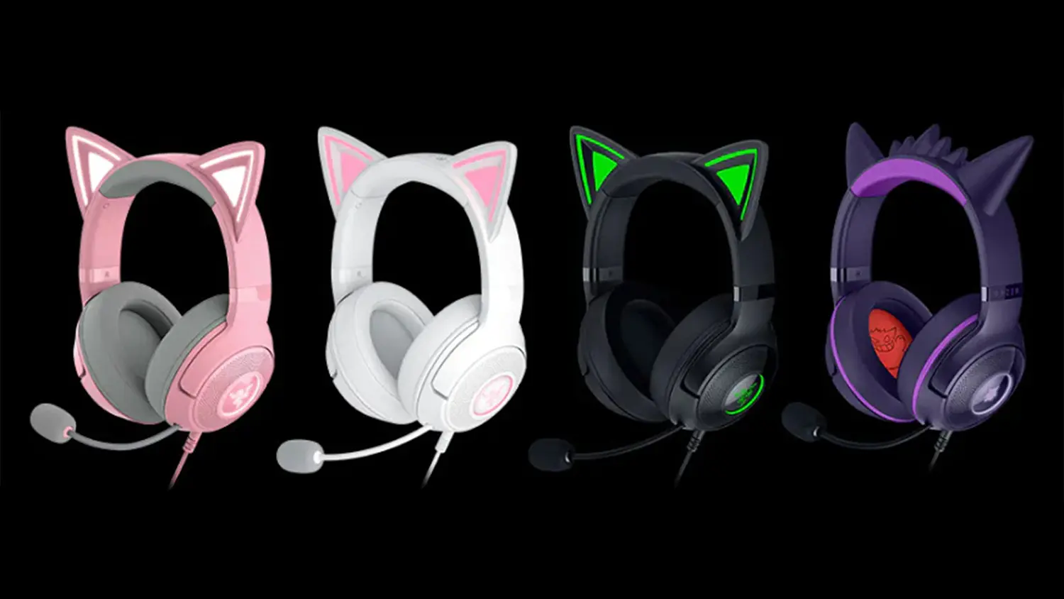 Štyri farebné kombinácie herných slúchadiel Razer KRAKEN KITTY V2 USB Headset Pokémon Gengar Ed.