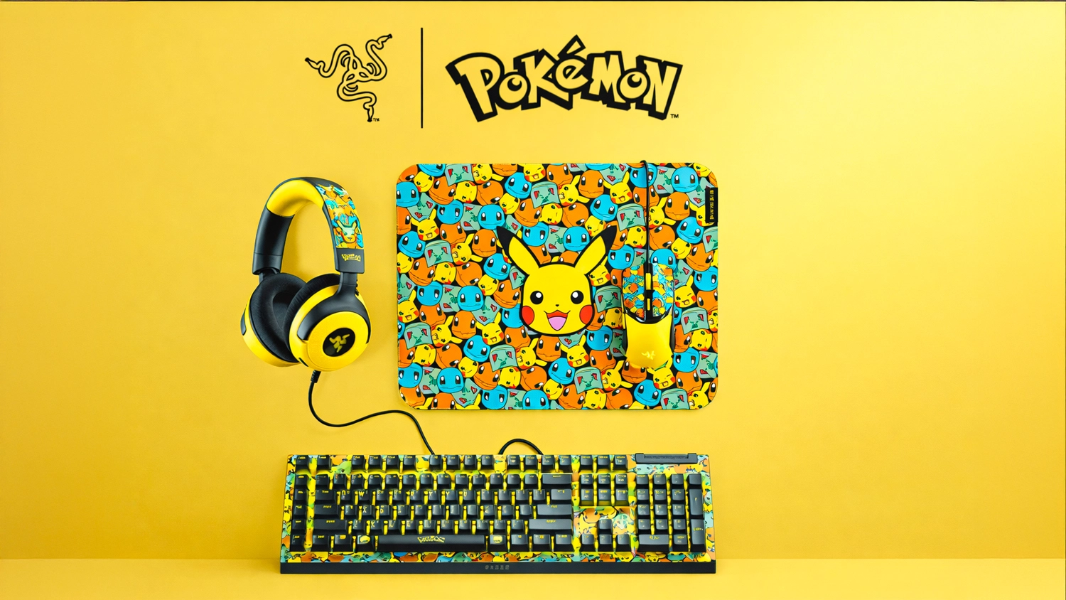 Sada herných slúchadiel, myši, podložky pod myš a klávesnice s motívom Pokémonov