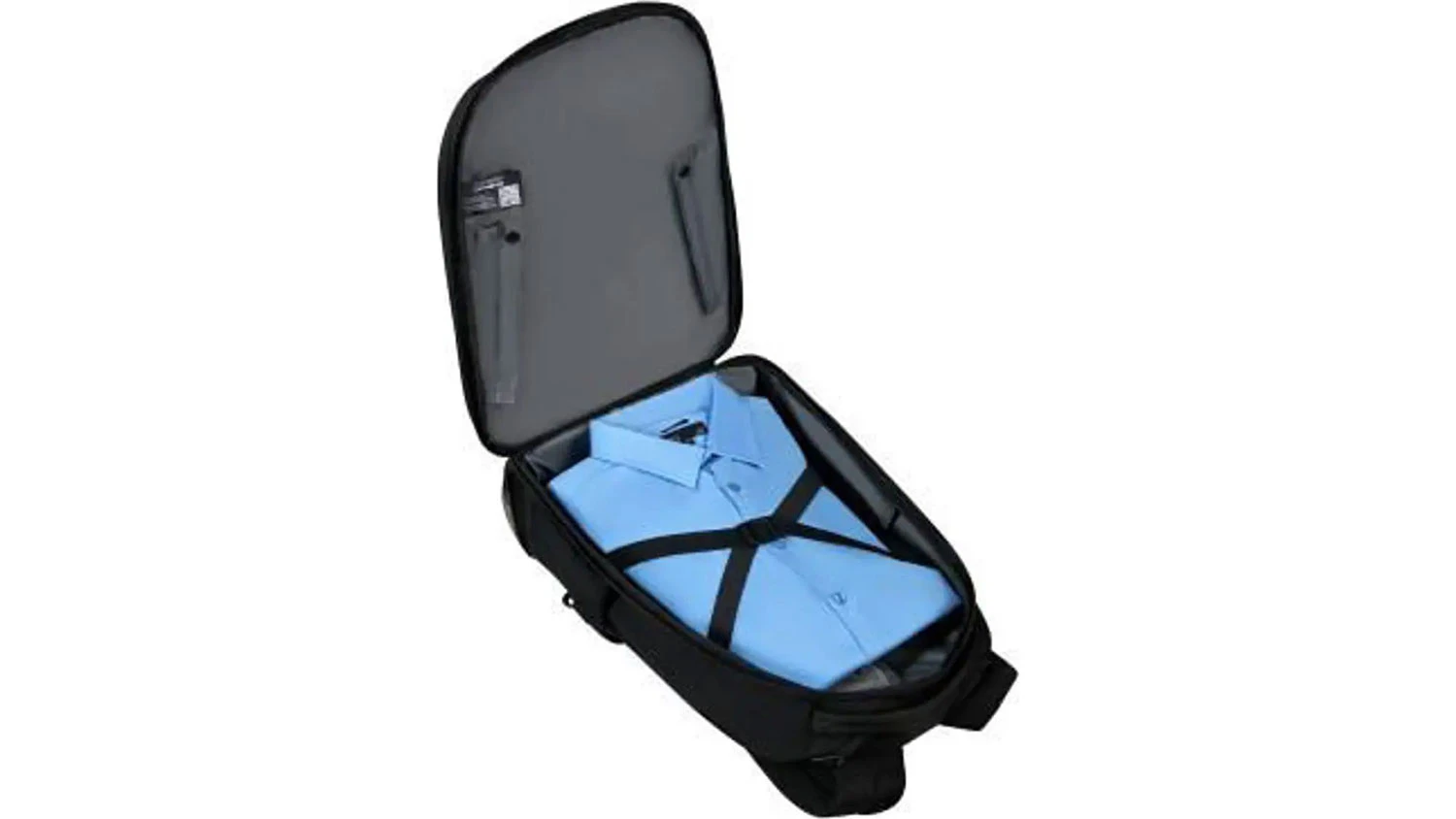 Priestranná časť batohu na notebook s kolieskami Samsonite Guardit 3.0 s upínacími popruhmi na fixáciu oblečenia