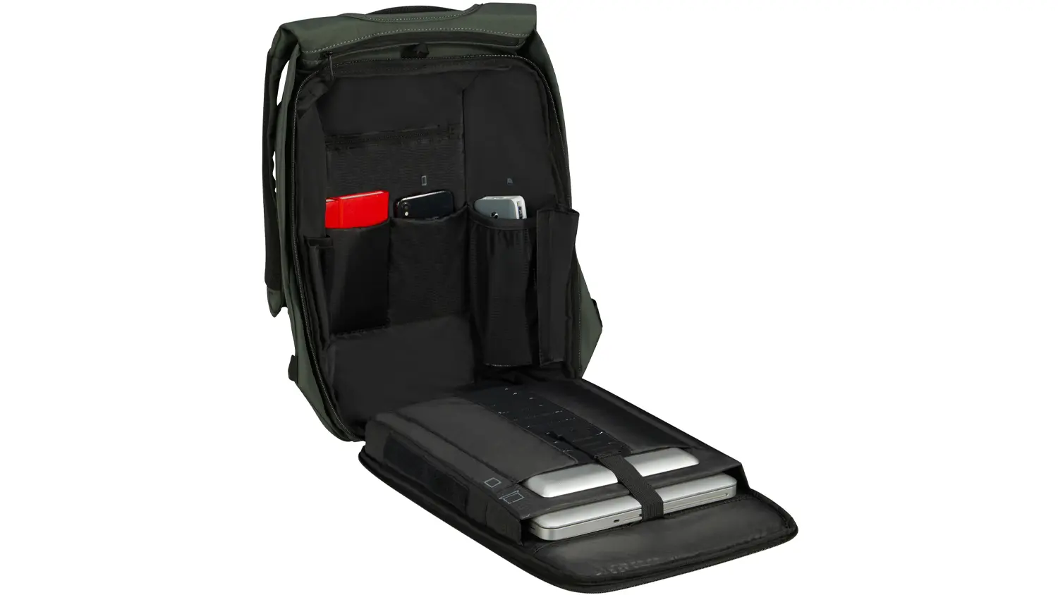 Vnútro batoha Samsonite Securipak 2.0 zeleného, pohľad spredu