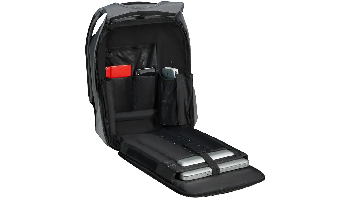 Vnútro batoha Samsonite Securipak 2.0 sivého, pohľad spredu