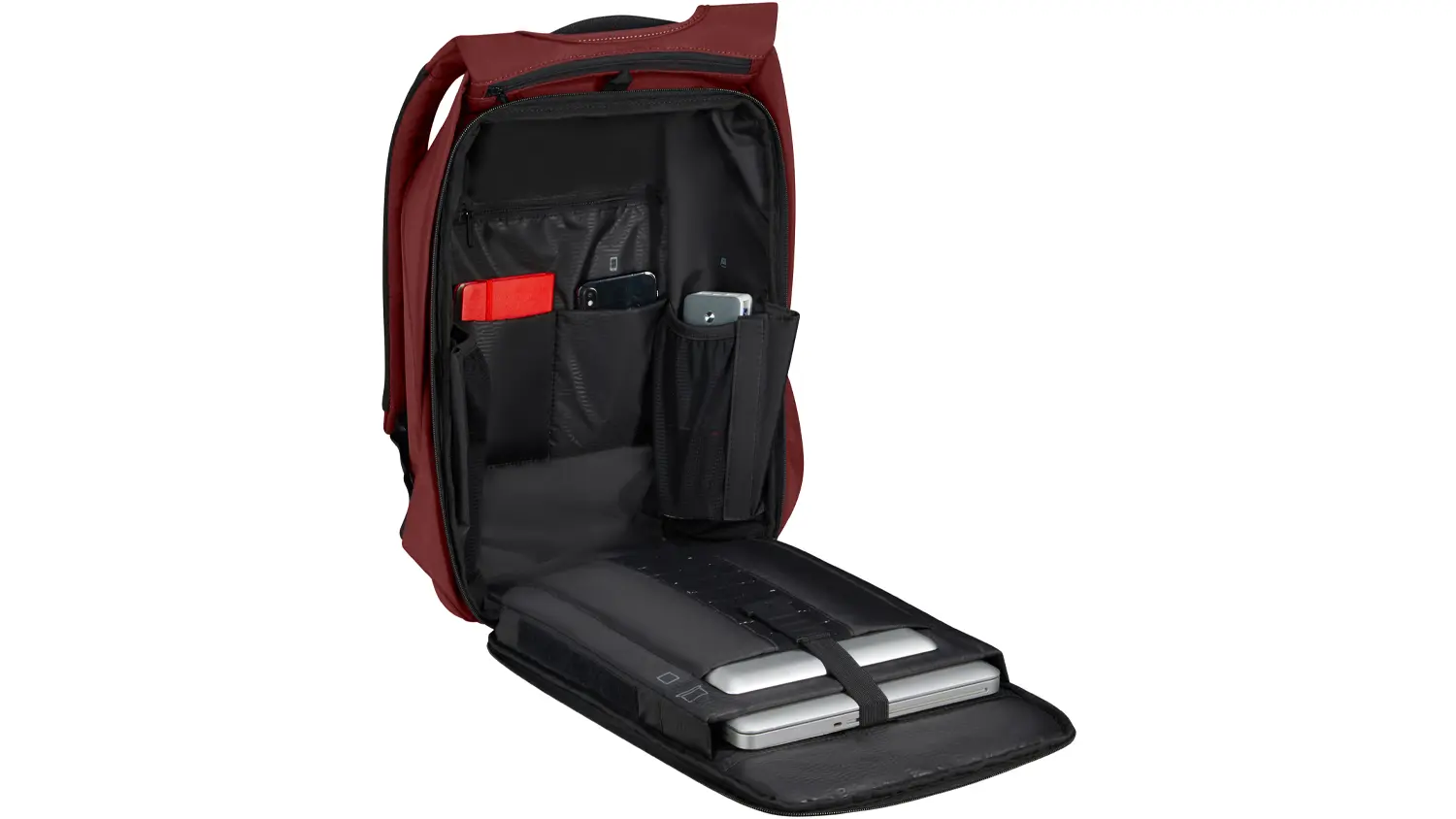 Vnútro batoha Samsonite Securipak 2.0 červeného, pohľad spredu