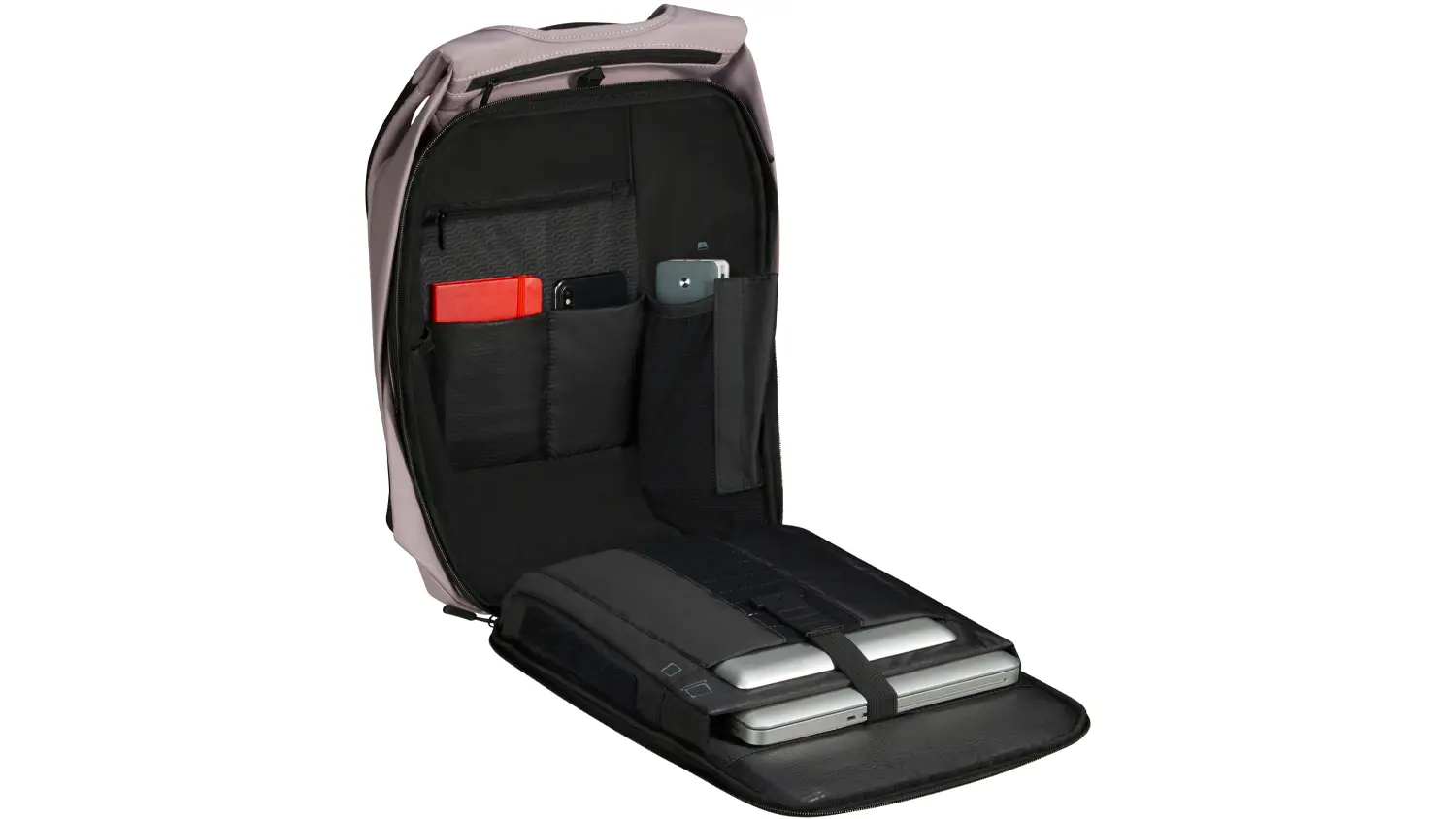 Vnútro batoha Samsonite Securipak 2.0 fialového, pohľad spredu