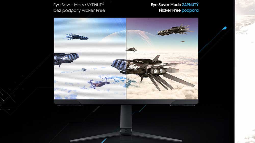 Porovnání obrazu monitoru při vypnutém Eye Saver a bez podpory Flicker Free a monitoru Odyssey G32A při zapnutém Eye Saver a s podporou Flicker Free_04