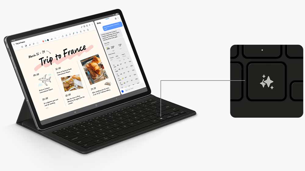 Tablet v obalu Samsung Book Cover Keyboard Slim s detailem na Galaxy AI Key_02