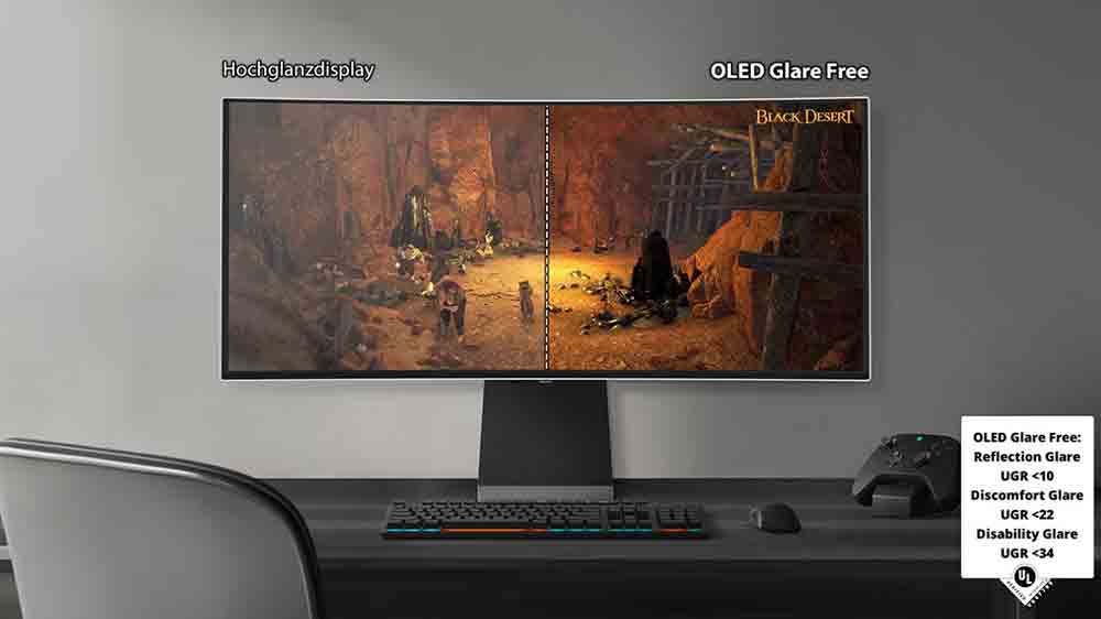 Monitor Samsung Odyssey OLED G9 49 palcov na stole s porovnan&iacute;m obrazu s OLED Glare Free a bez nej_03_01