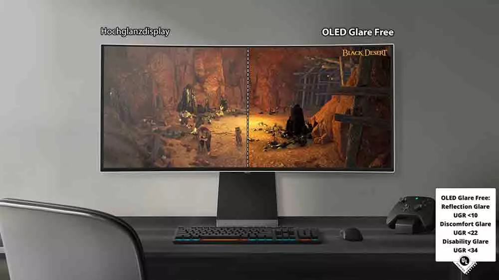 Monitor Samsung Odyssey OLED G9 49 palcov na stole s porovnan&iacute;m obrazu s OLED Glare Free a bez nej_03_01