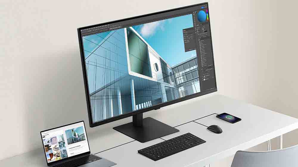 Notebook a telef&oacute;n pripojen&eacute; k monitoru Samsung Viewfinity S8_04