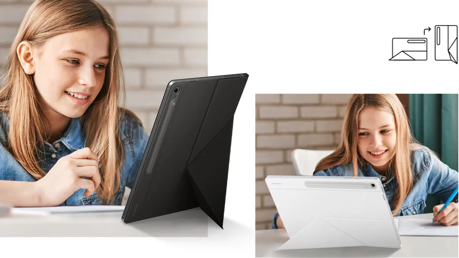 Slečna sleduje tablet opřený o stojánek pouzdra Samsung