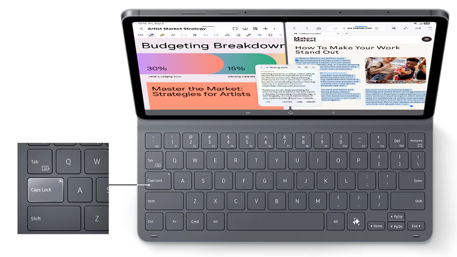Tablet připevněný ke klávesnici s detailem na Caps Lock