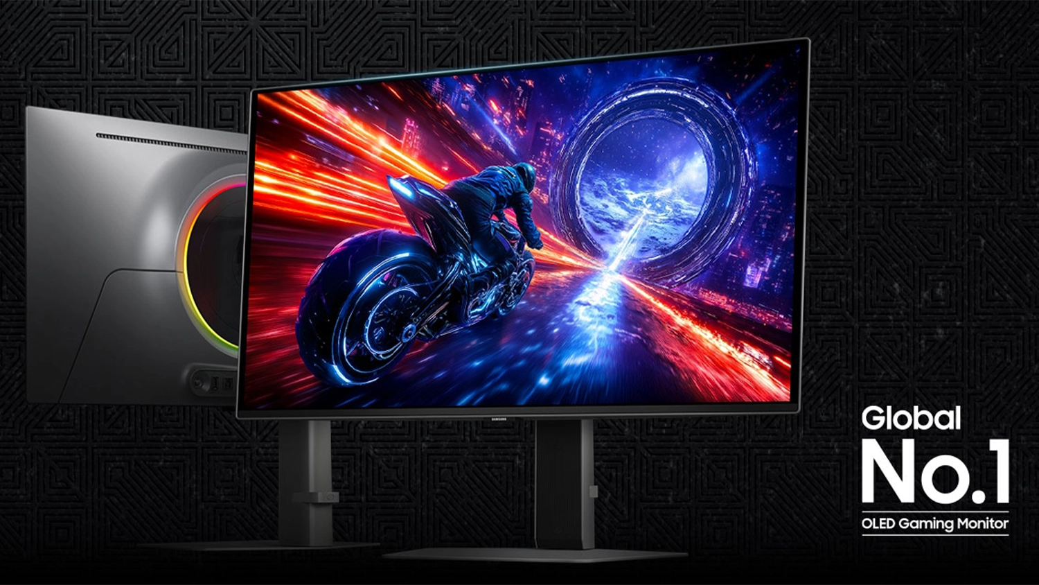 Dva herné monitory Samsung Odyssey OLED G6 (G60SF) na čiernom pozadí