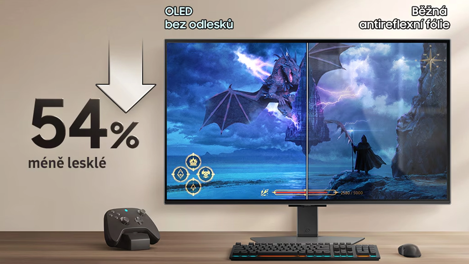 Porovnanie obrazu s technológiou OLED Glare Free a bez nej na monitore Samsung Odyssey OLED G6 (G60SF)