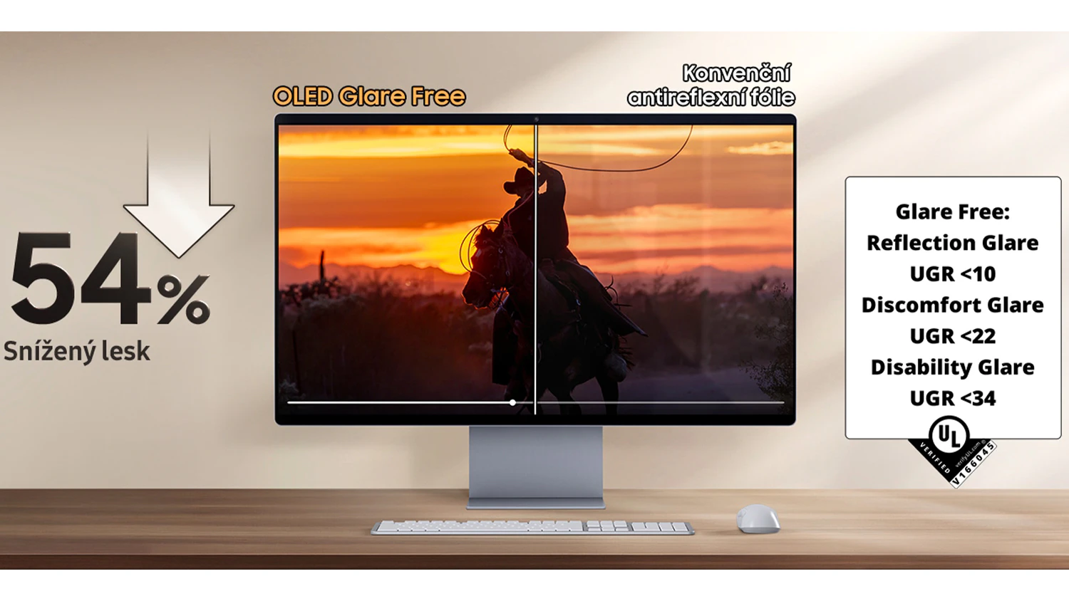 Porovn&aacute;n&iacute; obrazu s technologi&iacute; OLED Glare Free a bez n&iacute; na monitoru Samsung M9 (M90SF)