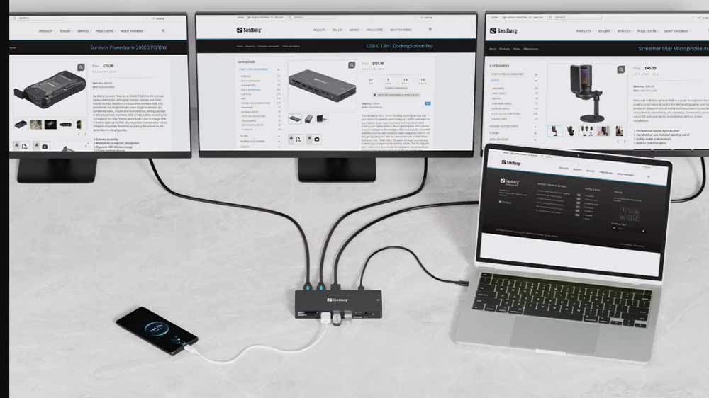 Monitory a notebook připojené k Sandberg USB C 13-in-1 Docking Station_02
