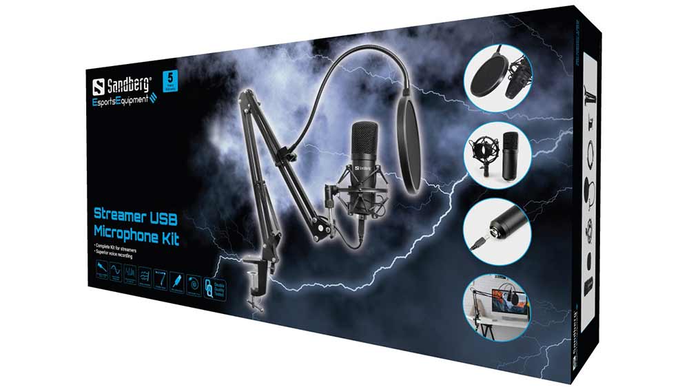 USB mikrofon pro streamery v sadě SANDBERG USB Microphone Kit – krabice s mikrofonem_02
