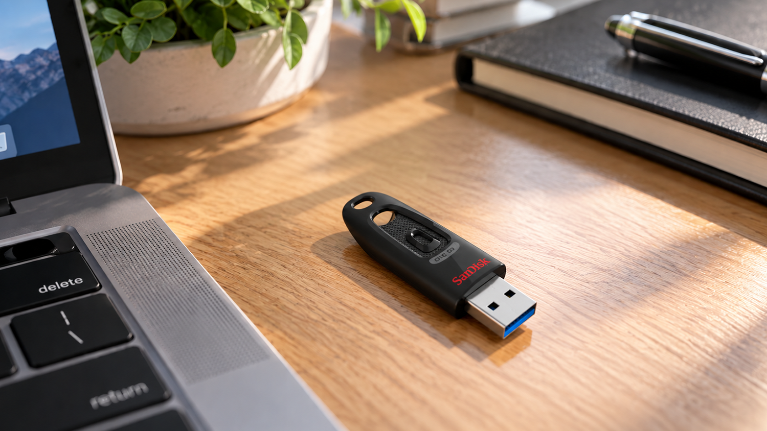 Flash disk SanDisk Ultra USB 3.0 64 GB 123836 položený na pracovním stole