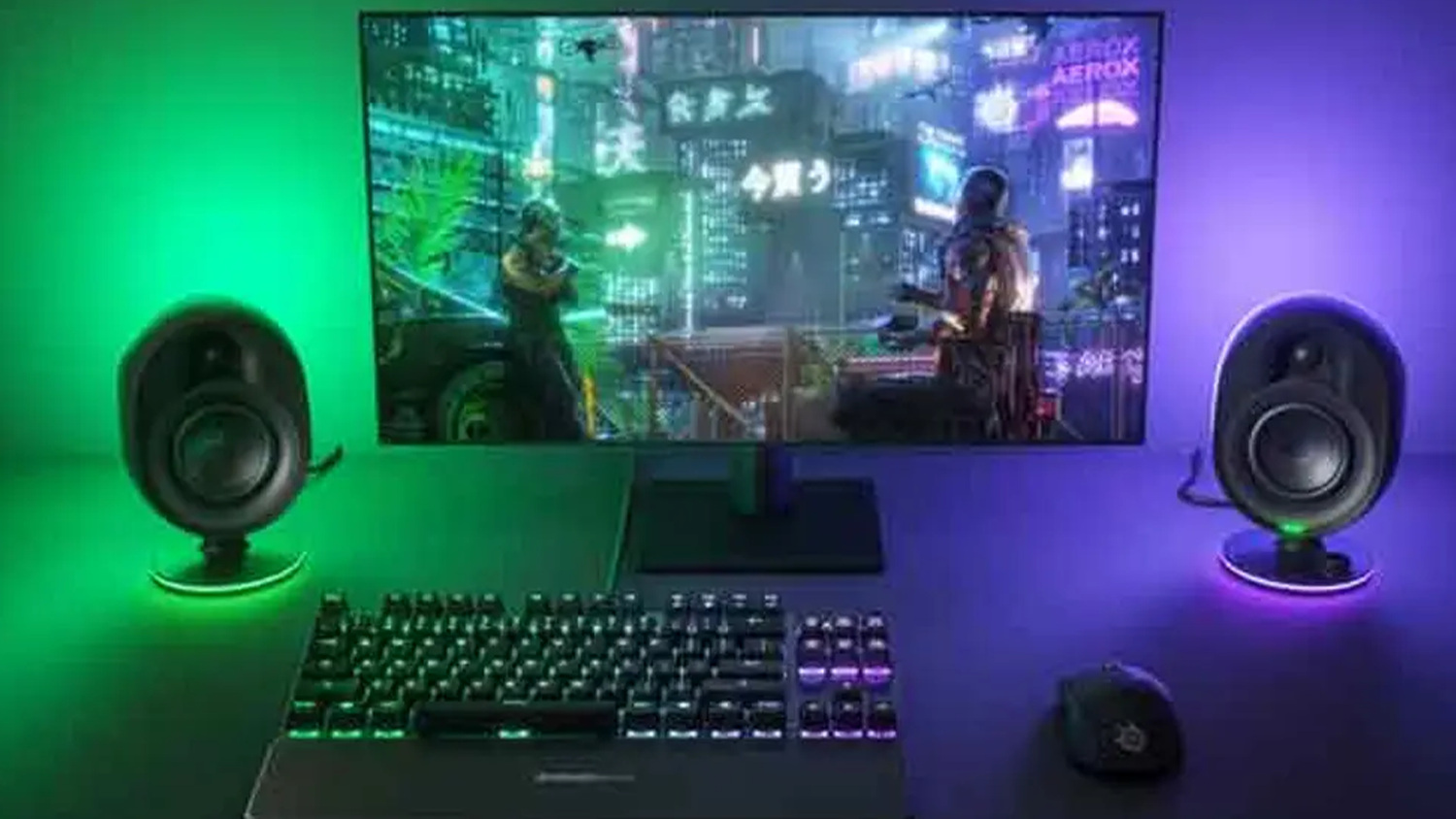 Podsvietené reproduktory SteelSeries Arena 7 so spustenou hrou na PC