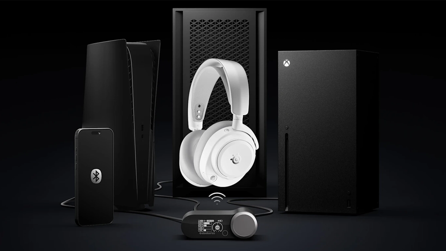 Sl&uacute;chadl&aacute; SteelSeries Arctis Nova Pro Omni s r&ocirc;znymi hern&yacute;mi zariadeniami