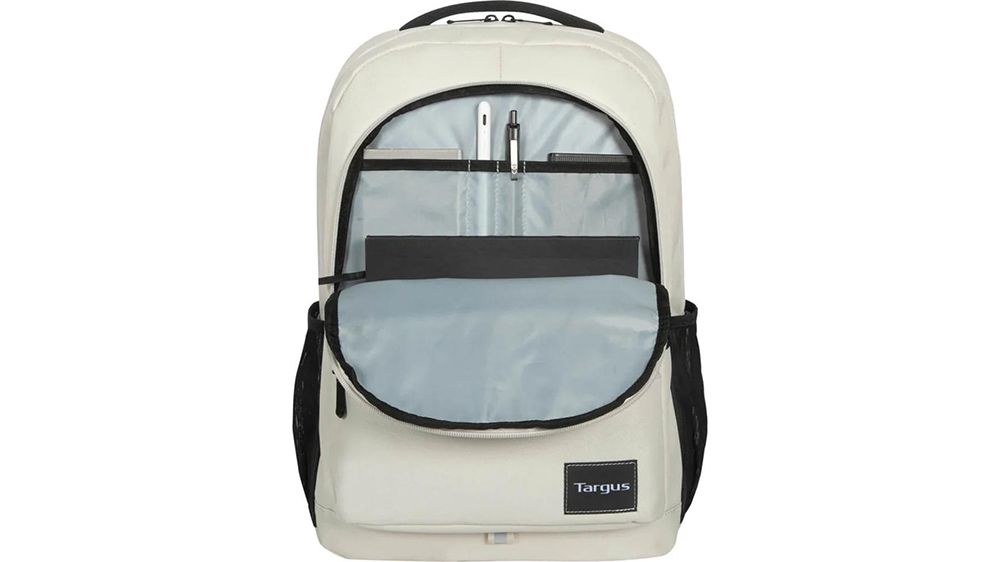 Rozepnut&yacute; batoh Targus Octave III Black 15,6 s pohledem na č&aacute;st pro notebook a pracovn&iacute; kapsičky_02