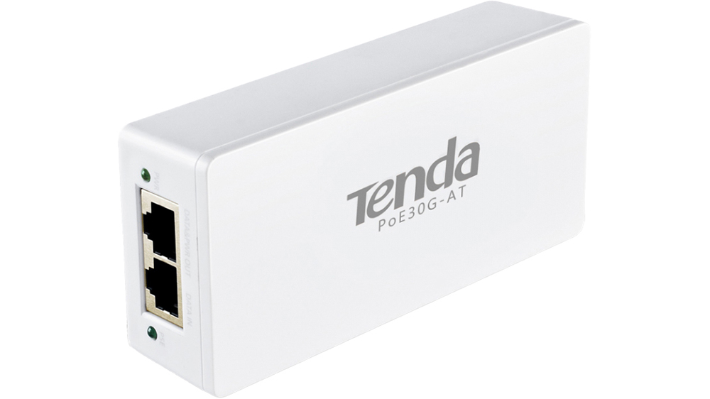 PoE injektor Tenda POE30G-AT bílá na bílém pozadí ukazující kompaktní zařízení se dvěma RJ45 porty a napájecím konektorem
