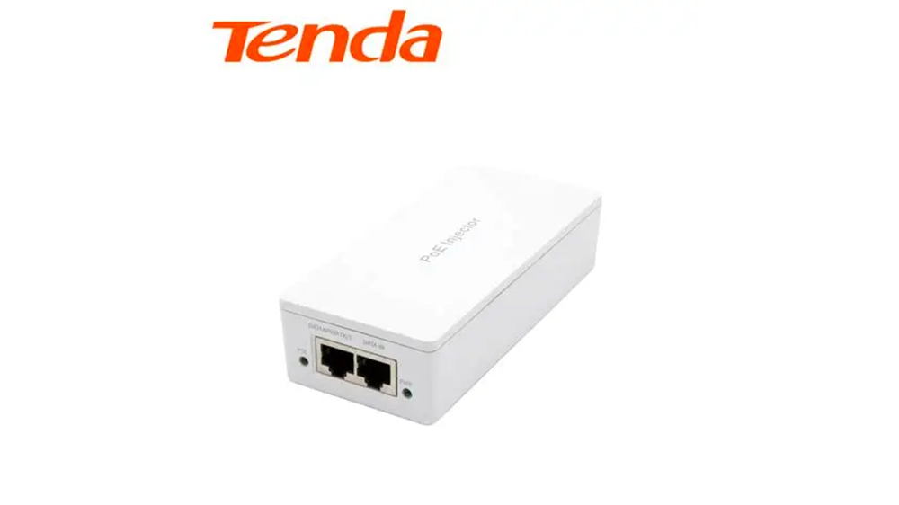 PoE injektor Tenda POE30G-AT bílá připojený k síťovému zařízení s vizualizací technologie mid-span injection pro napájení