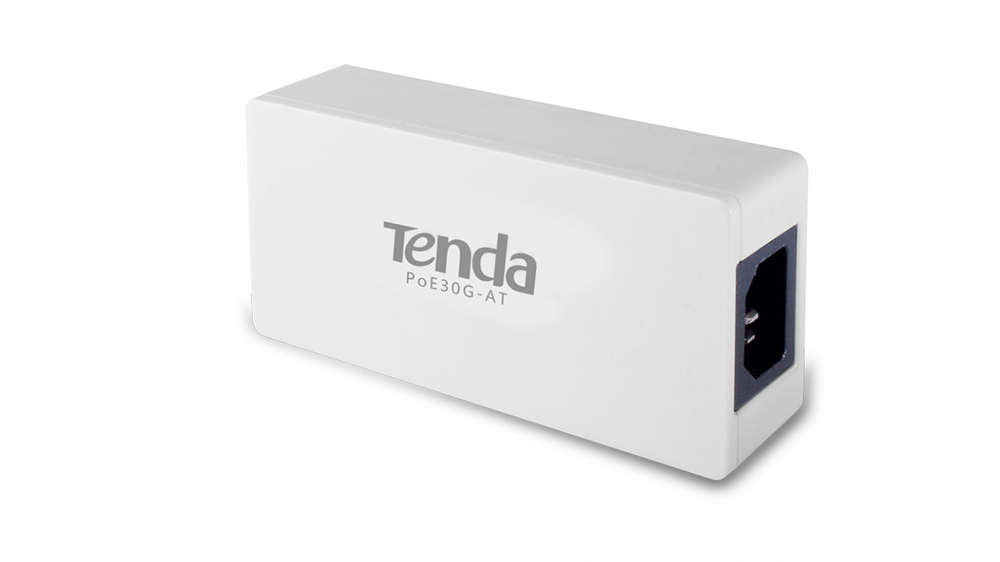 PoE injektor Tenda POE30G-AT bílá v provozu s aktivními LED indikátory signalizujícími funkční připojení a přenos dat