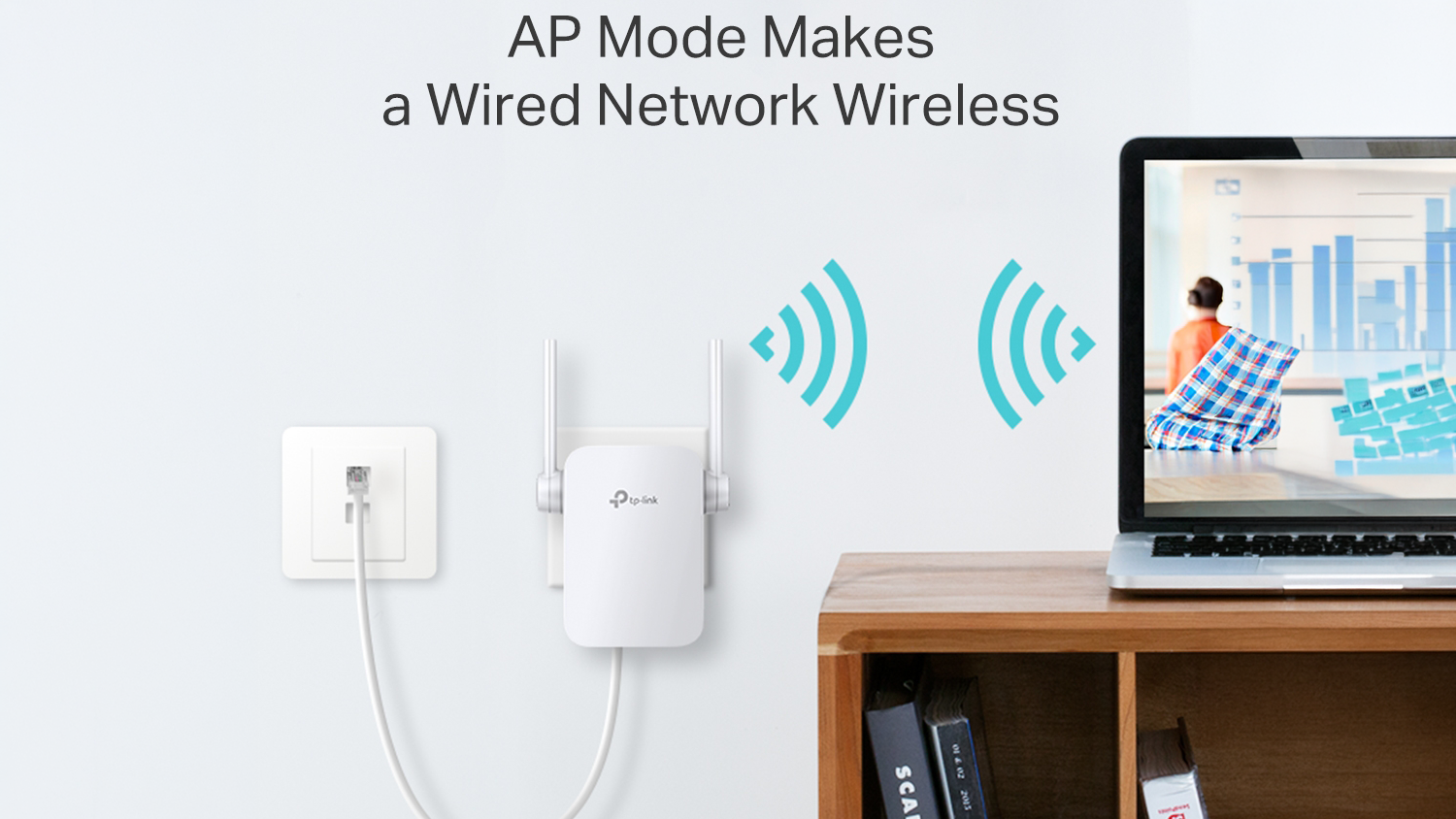 Zesilovač signálu TP-Link RE305 V4 připojený do datové zásuvky a šíří WiFi
