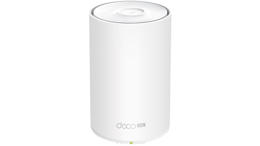 Mesh router s modemem TP-Link Deco X50-DSL AX3000 VDSL v elegantn&iacute;m b&iacute;l&eacute;m proveden&iacute; na neutr&aacute;ln&iacute;m pozad&iacute;