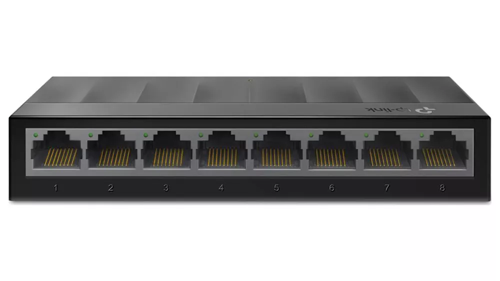 Switch TP-Link LiteWave LS1008G na bielom pozadí zobrazujúci kompaktný dizajn s 8 gigabitovými portami