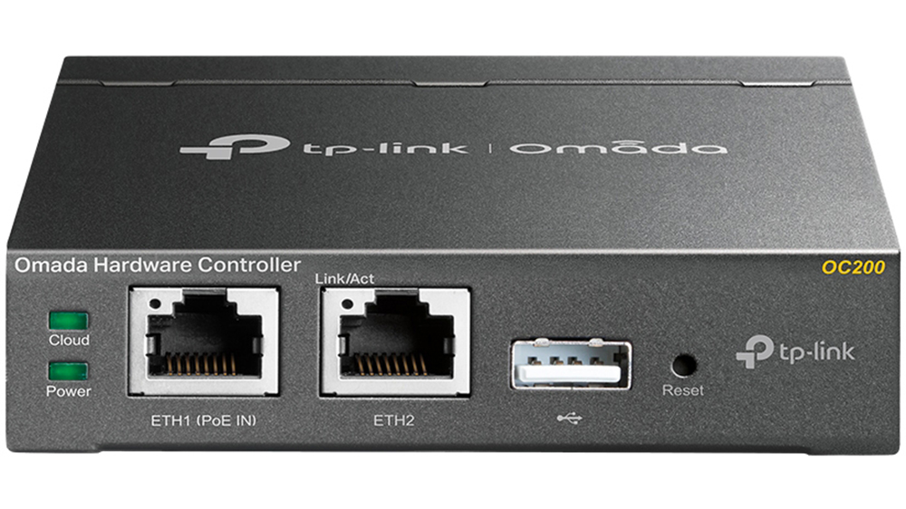 Hardwarový kontrolér TP-Link Omada Cloud OC200 na bílém pozadí zobrazující kompaktní kovové tělo s konektory