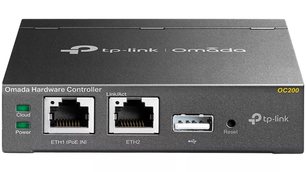 Hardvérový kontrolér TP-Link Omada Cloud OC200 na bielom pozadí zobrazujúci kompaktné kovové telo s konektormi