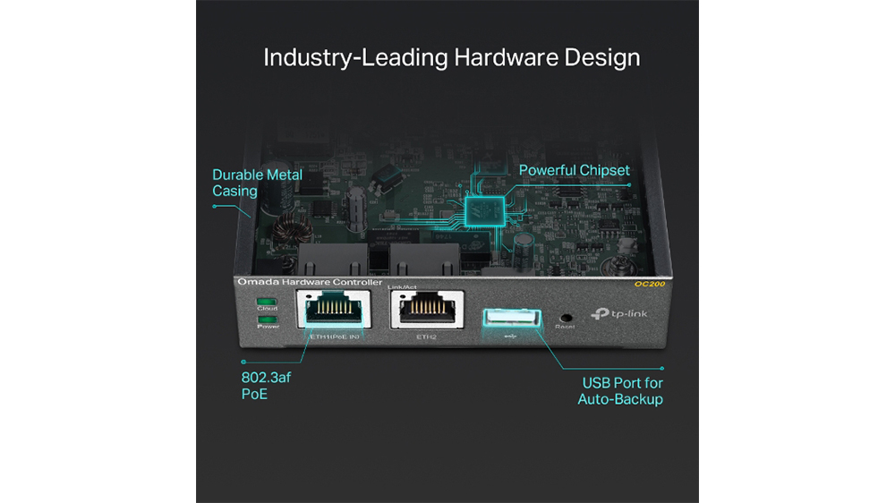 Hardwarový kontrolér TP-Link Omada Cloud OC200 s grafickým rozhraním zobrazujícím nastavení zabezpečení a správy sítě