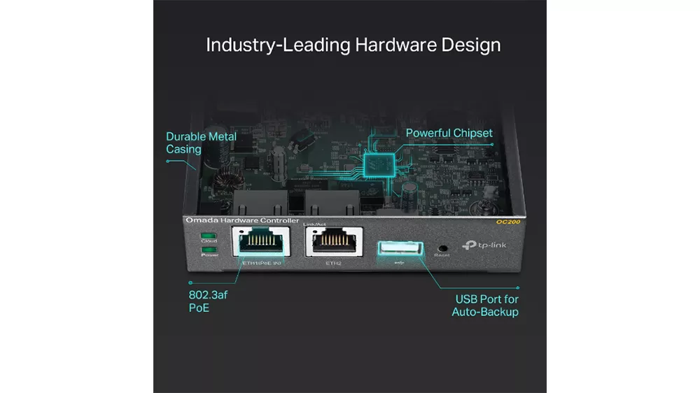 Hardvérový kontrolér TP-Link Omada Cloud OC200 s grafickým rozhraním zobrazujúcim nastavenie zabezpečenia a správy siete
