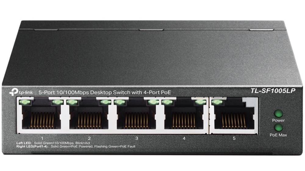 Switch TP-Link TL-SF1005LP na bílíém pozadí zobrazující přední panel s 5-ti porty