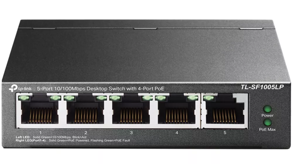 Switch TP-Link TL-SF1005LP na bielom pozadí zobrazujúci predný panel s 5 portami