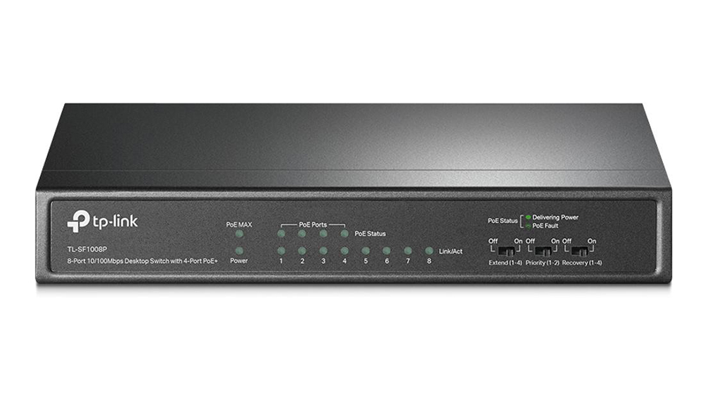 Přepínač TP-Link TL-SF1008P 8 portů (4× PoE, 4× Fast Ethernet) na bílém pozadí zobrazující všech osm portů a kompaktní design