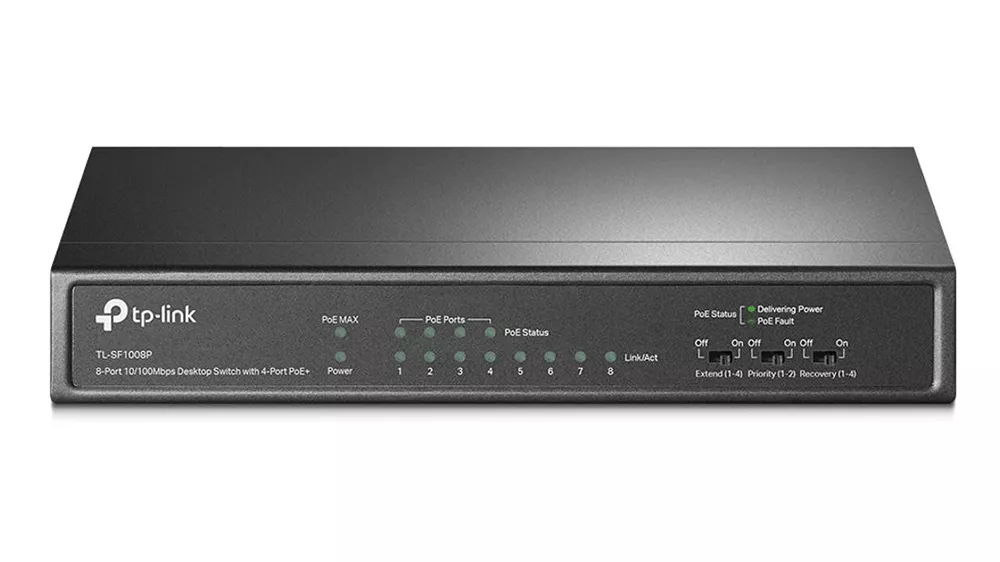 Prep&iacute;nač TP-Link TL-SF1008P 8 portov (4&times; PoE, 4&times; Fast Ethernet) na bielom pozad&iacute; zobrazuj&uacute;ci v&scaron;etk&yacute;ch osem portov a kompaktn&yacute; dizajn