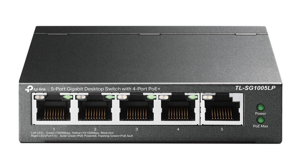 5portový gigabitový prepínač TP-Link TL-SG1005LP LiteWave Desktop PoE+ na bielom pozadí zobrazujúci kompaktný dizajn