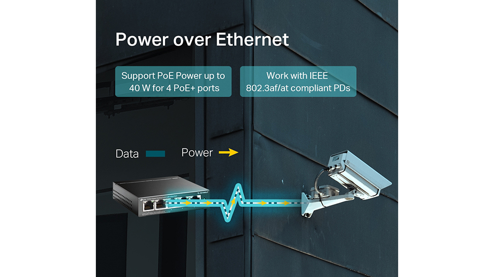5portový gigabitový prepínač TP-Link TL-SG1005LP LiteWave Desktop PoE+ v prevádzke ukazujúci prepínaciu kapacitu a bezventilátorový dizajn