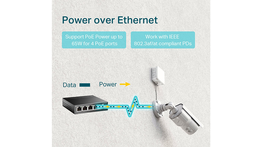 Switch TP-Link TL-SG1005P demonstrující vysokou přepínací kapacitu v kancelářském prostředí