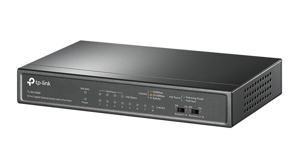 Switch TP-Link TL-SG1008P s PoE na bílém pozadí zobrazující čelní panel s porty a LED indikátory