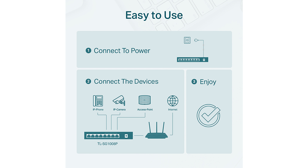 Switch TP-Link TL-SG1008P s PoE ukazující systém automatického řízení napájení a plug-and-play instalaci