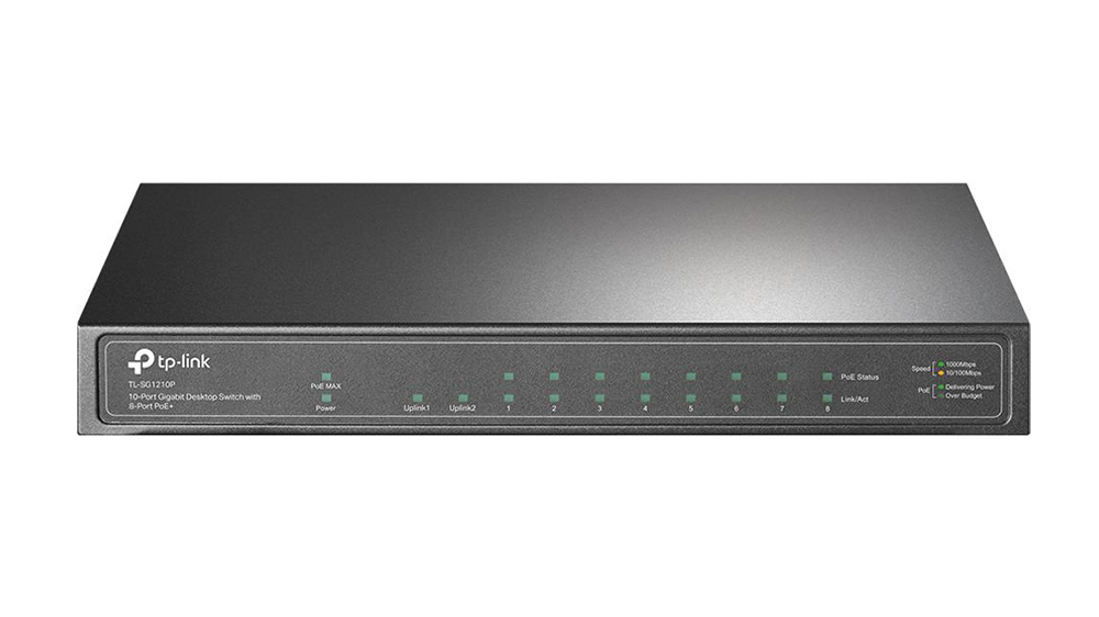 Switch TP-Link TL-SG1210P 10portový Gigabit Desktop s 8portovým PoE+ na bílém pozadí zobrazující všechny porty a kompaktní design