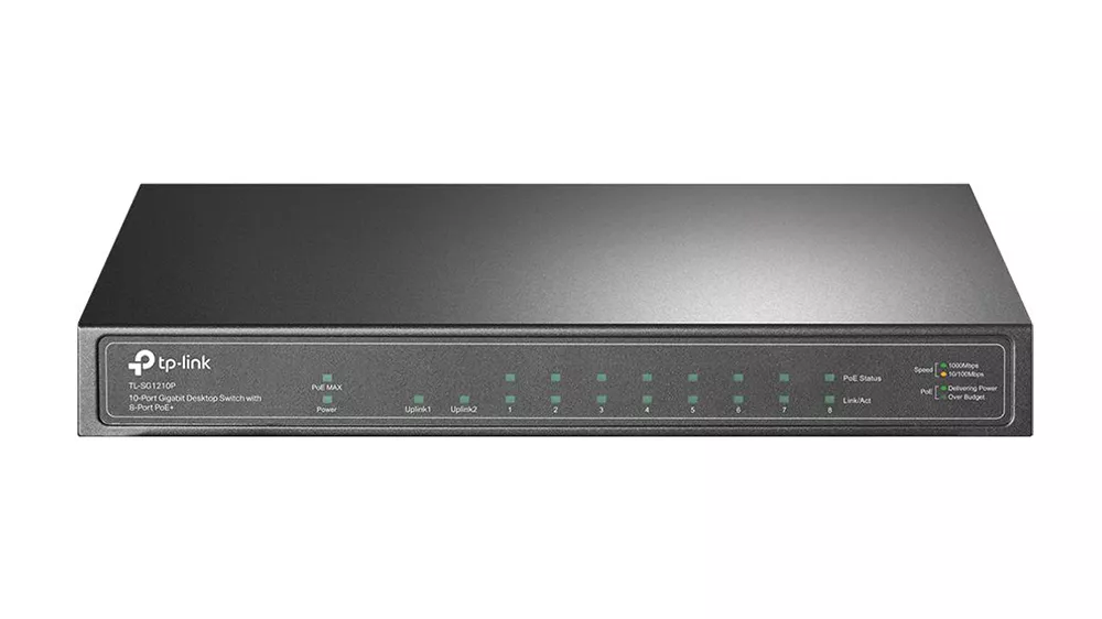 Switch TP-Link TL-SG1210P 10portový Gigabit Desktop s 8portovým PoE+ na bielom pozadí zobrazujúci všetky porty a kompaktný dizajn