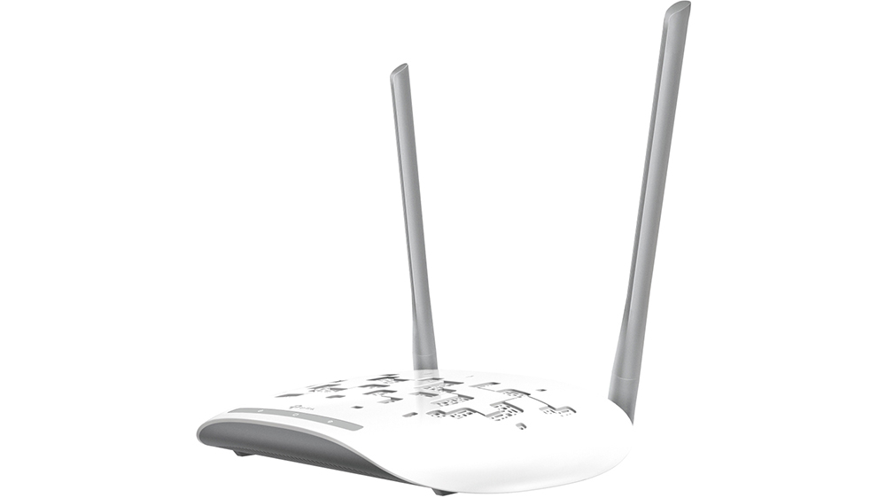Bezdrátový přístupový bod TP-Link TL-WA801N na bílém pozadí ukazující kompaktní design se dvěma anténami