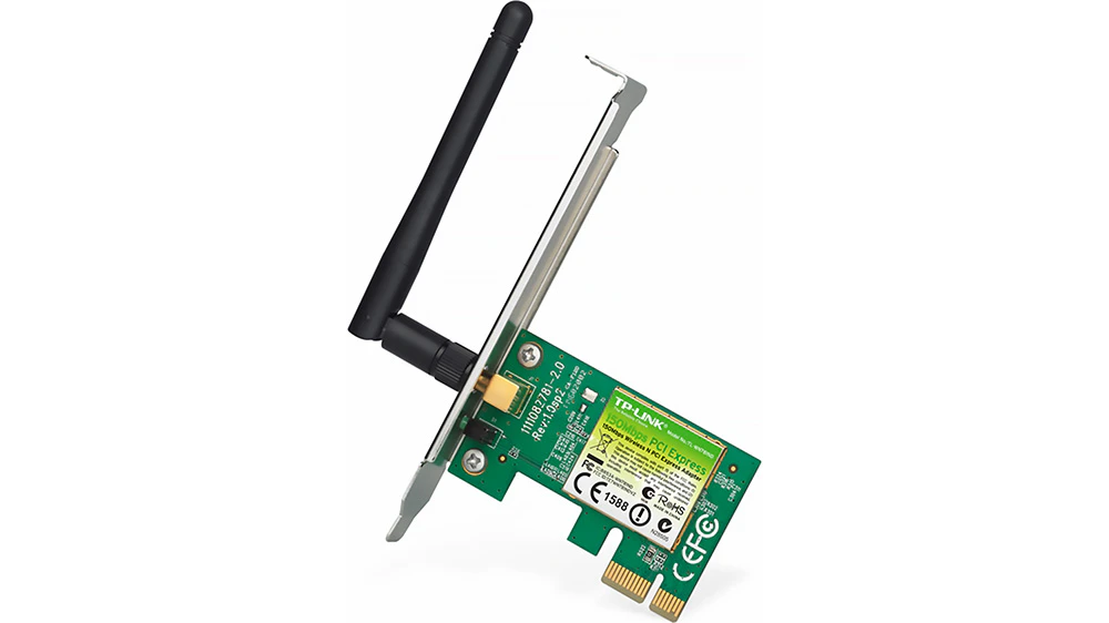 Bezdrátový adaptér PCI Express TP-Link Wireless N TL-WN781ND 150Mbps na bílém pozadí zachycující kompletní design včetně antény