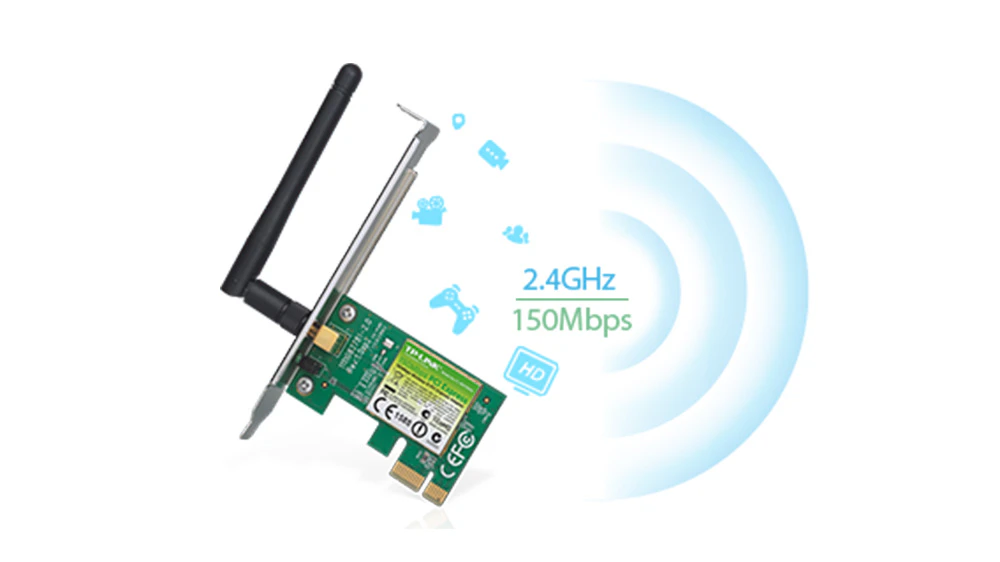 Bezdrátový adaptér PCI Express TP-Link Wireless N TL-WN781ND 150Mbps demonstrující stabilní přenos dat mezi více zařízeními