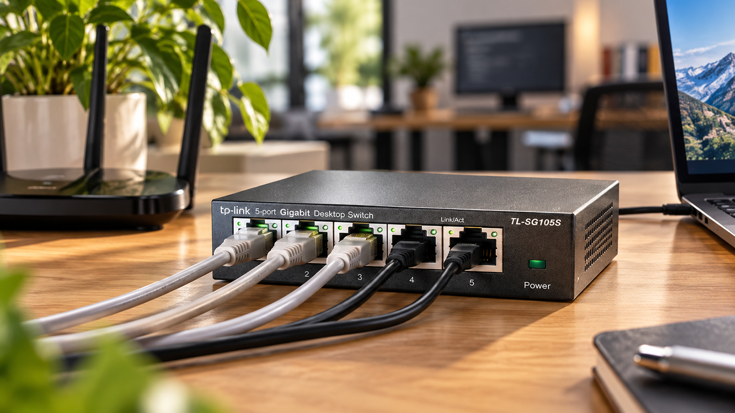 Switch TP-Link TL-SG105S Black na pracovním stole